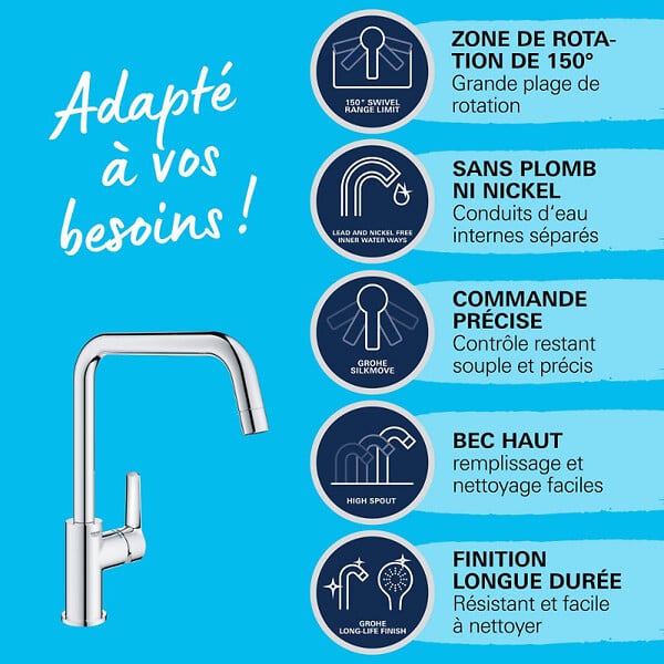 GROHE - Robinet de cuisine monocommande Start 2021 chromé + microfibre - large