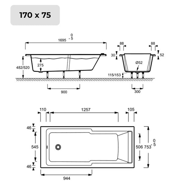 JACOB DELAFON - Baignoire bain douche Struktura + pare bain + étagère 170 X 75 - large