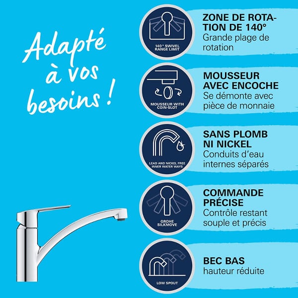 GROHE - Robinet de cuisine bec bas Start 2021 chromé + nettoyant GrohClean - large
