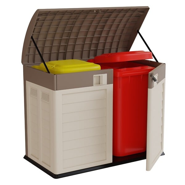 INTEC - Coffre Rangement Poubelle 1500L - Cache Poubelle de Tri Polypropylène Ecru Taupe - Coffre de jardin Verrouillable par Cadenas - large