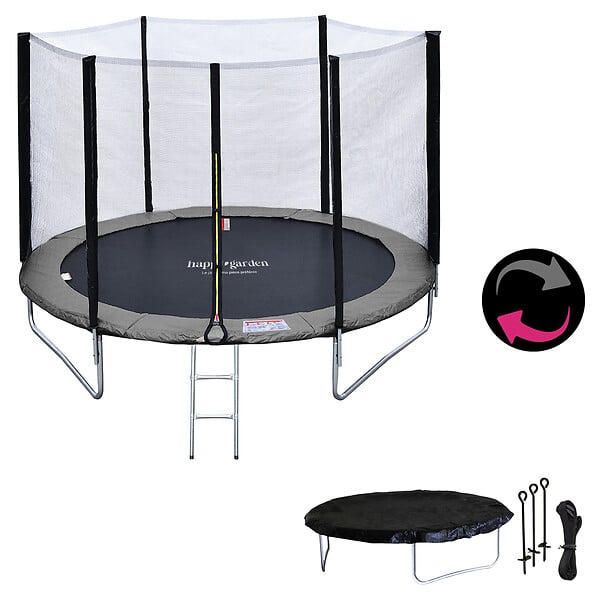 HAPPY GARDEN - Pack Premium Trampoline 245cm réversible gris / rose CANBERRA + filet, échelle, bâche et kit d'ancrage - large