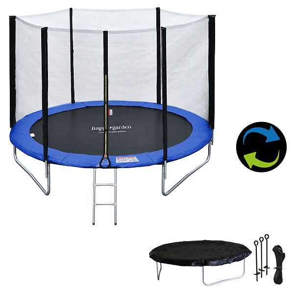 HAPPY GARDEN - Pack Premium Trampoline 245cm réversible bleu / vert CANBERRA + filet, échelle, bâche et kit d'ancrage - large