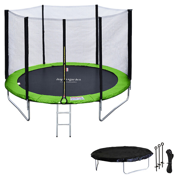 HAPPY GARDEN - Pack Premium Trampoline 245cm réversible bleu / vert CANBERRA + filet, échelle, bâche et kit d'ancrage - large