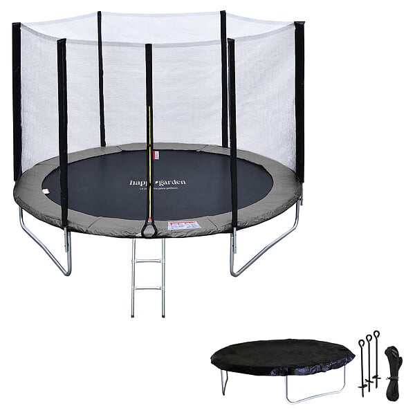 HAPPY GARDEN - Pack Premium Trampoline 245cm réversible rose / gris CANBERRA + filet, échelle, bâche et kit d'ancr - large