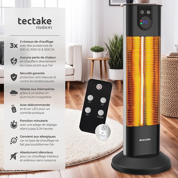 TECTAKE - Radiateur infrarouge Solaris Terra 1500W avec fonction minuterie noir - large