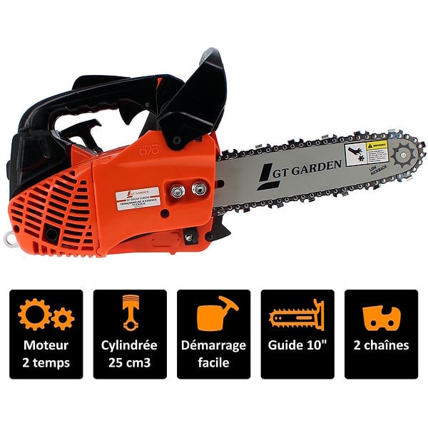 GT GARDEN - Tronçonneuse élagueuse thermique 25 cm3, 1 CV, guide 26 cm, 2 chaînes - large