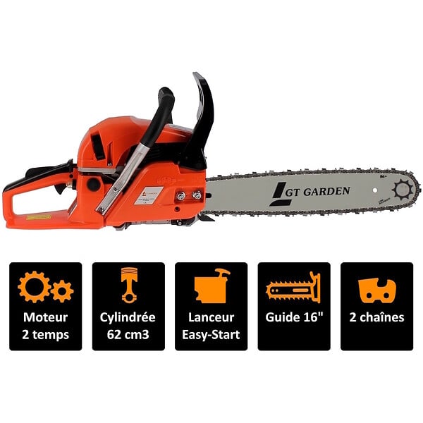 GT GARDEN - Tronçonneuse thermique 62 cm3, 3.5 CV, guide 40 cm, 2 chaînes - large