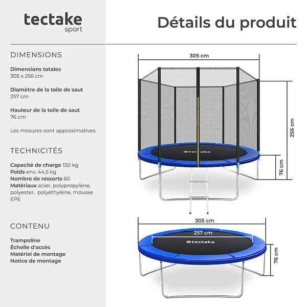 TECTAKE - Trampoline modèle B noir/bleu - large