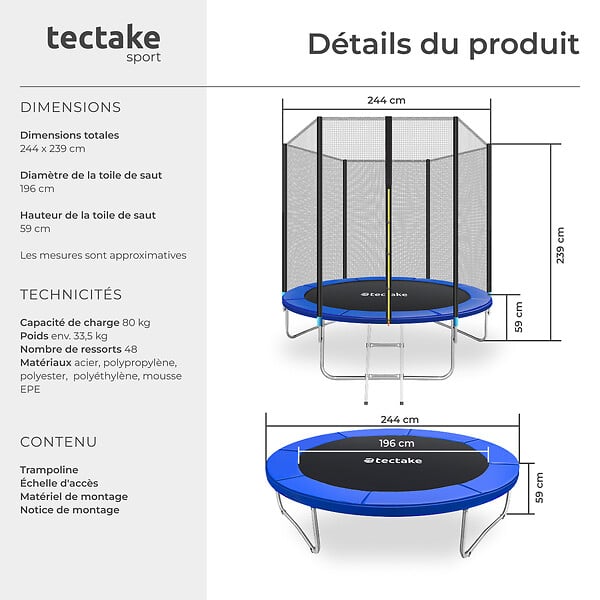 TECTAKE - Trampoline modèle B noir/bleu - large