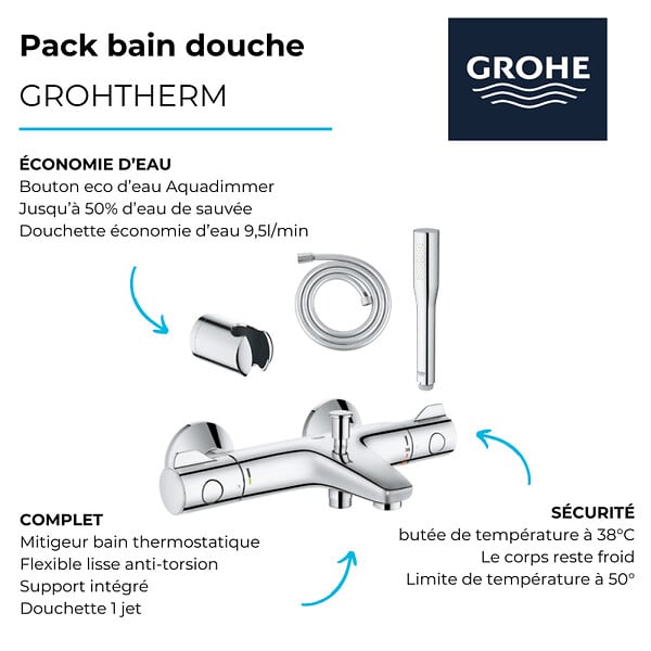 GROHE - Pack mitigeur thermostatique Grohtherm 800  + Douchette Get Stick + Flexible1750 mm et support - large