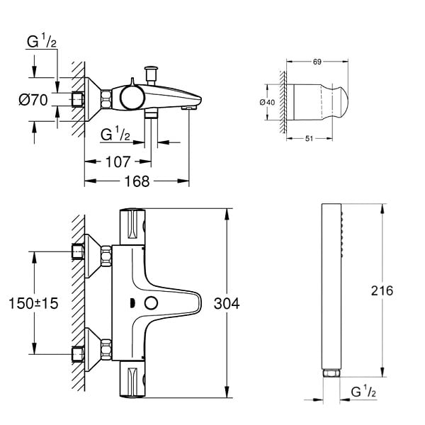 GROHE - Pack mitigeur thermostatique Grohtherm 800  + Douchette Get Stick + Flexible1750 mm et support - large