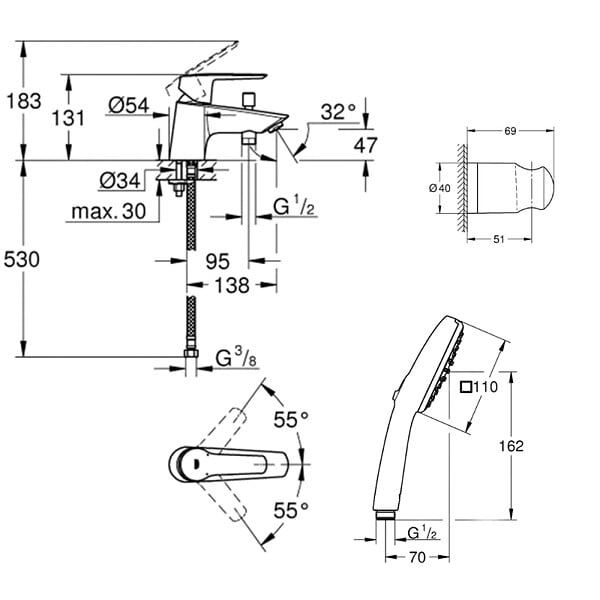 GROHE - Pack mitigeur mécanique Quickfix Start 2021 + Douchette 2 jets Vitalio Comfort 110 + Flexible1750 mm et support - large