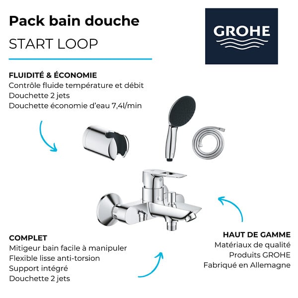 GROHE - Pack mitigeur mécanique Start Loop + Douchette 2 jets Vitalio Start 110 + Flexible1750 mm et support - large