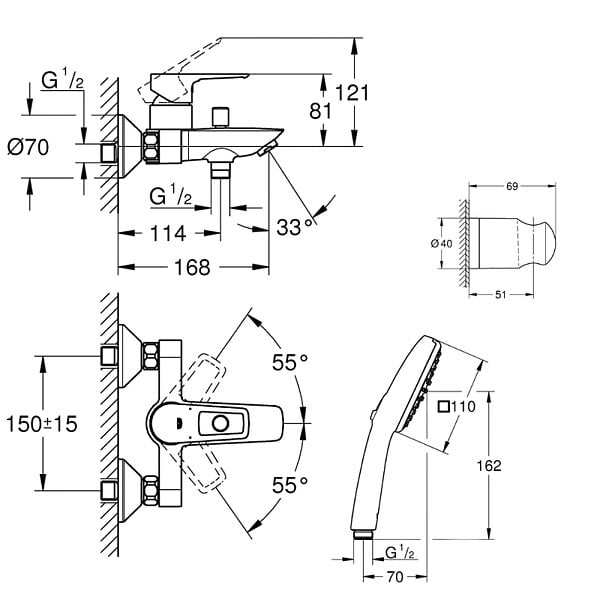 GROHE - Pack mitigeur mécanique Start Loop + Douchette 2 jets Vitalio Start 110 + Flexible1750 mm et support - large