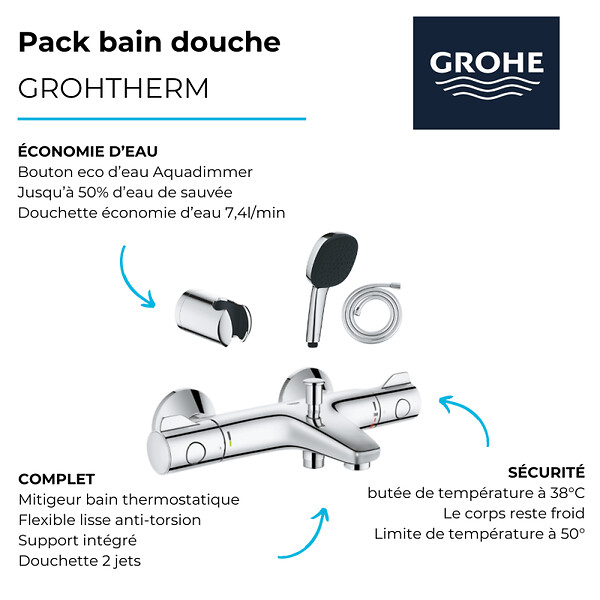 GROHE - Pack mitigeur thermostatique Grotherm 800 + Douchette 2 jets Vitalio Comfort 110 + Flexible1750 mm et support - large