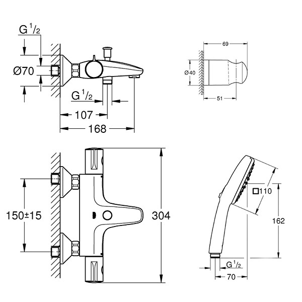 GROHE - Pack mitigeur thermostatique Grotherm 800 + Douchette 2 jets Vitalio Comfort 110 + Flexible1750 mm et support - large