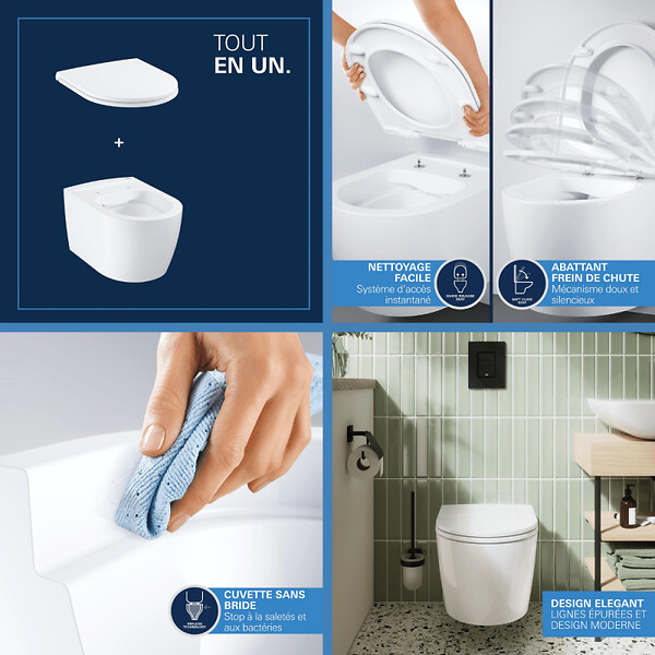 GROHE - Pack WC suspendu sans bride Start Round Ceramic  + Bati support hauteur réduite universel mur-sol + Plaque carré chromé - large