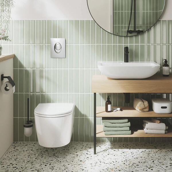 GROHE - Pack WC suspendu sans bride Start Round Ceramic + Abattant frein de chute + Bati support autoportant + Plaque carré chromé - large