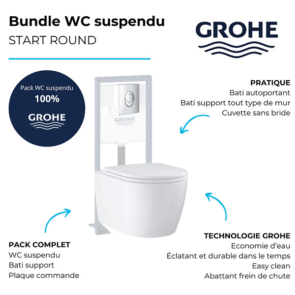 GROHE - Pack WC suspendu sans bride Start Round Ceramic + Abattant frein de chute + Bati support autoportant + Plaque carré chromé - large