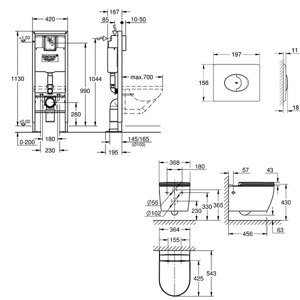 GROHE - Pack WC suspendu sans bride Start Round Ceramic + Abattant frein de chute + Bati support autoportant + Plaque carré chromé - large