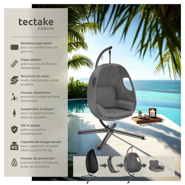 TECTAKE - Fauteuil suspendu en acier anthracite intérieur extérieur coussin amovible - large