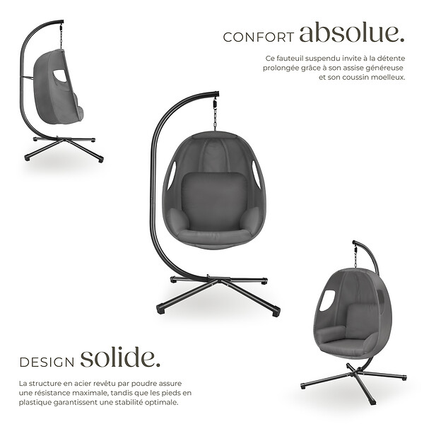 TECTAKE - Fauteuil suspendu en acier anthracite intérieur extérieur coussin amovible - large