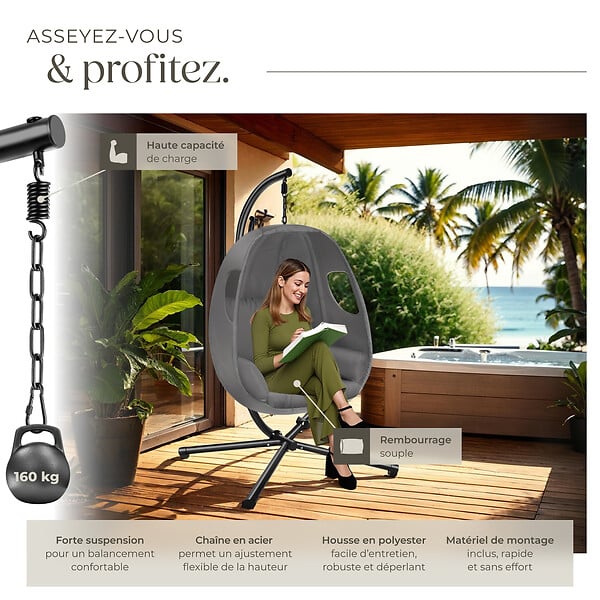 TECTAKE - Fauteuil suspendu en acier anthracite intérieur extérieur coussin amovible - large