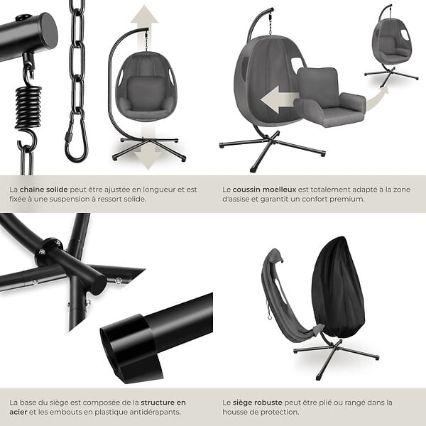 TECTAKE - Fauteuil suspendu en acier anthracite intérieur extérieur coussin amovible - large