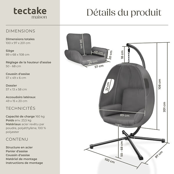 TECTAKE - Fauteuil suspendu en acier anthracite intérieur extérieur coussin amovible - large