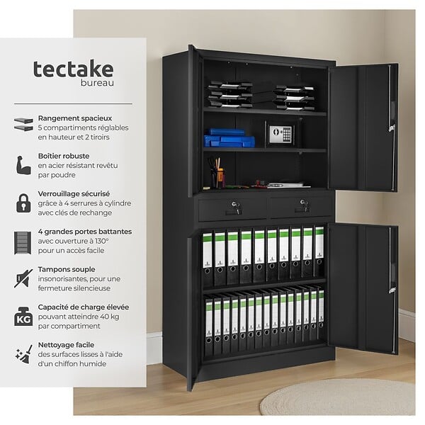 TECTAKE - Armoire métallique noire de classement 2 tiroirs 40x80x180 cm portes solides renforcées bureau - large