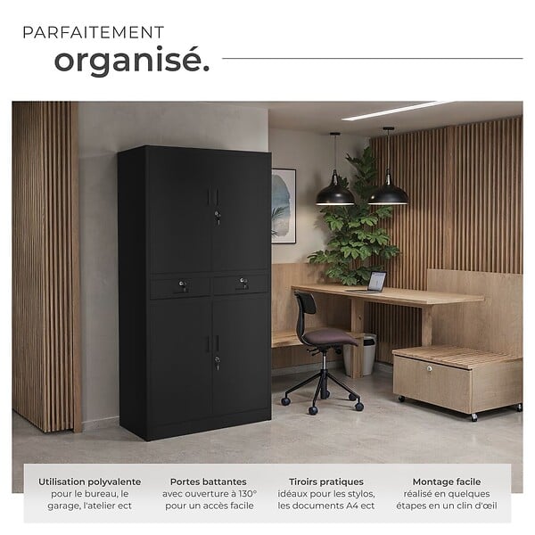 TECTAKE - Armoire métallique noire de classement 2 tiroirs 40x80x180 cm portes solides renforcées bureau - large