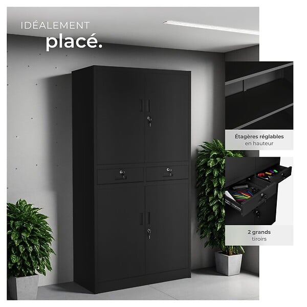 TECTAKE - Armoire métallique noire de classement 2 tiroirs 40x80x180 cm portes solides renforcées bureau - large