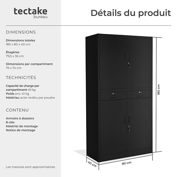 TECTAKE - Armoire métallique noire de classement 2 tiroirs 40x80x180 cm portes solides renforcées bureau - large
