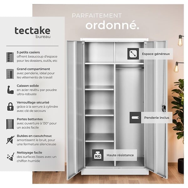 TECTAKE - Vestiaire métallique 6 casiers 1 penderie intégrée verrouillable gris acier revêtu par poudre 80x40x180 cm - large