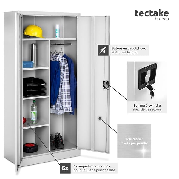 TECTAKE - Vestiaire métallique 6 casiers 1 penderie intégrée verrouillable gris acier revêtu par poudre 80x40x180 cm - large