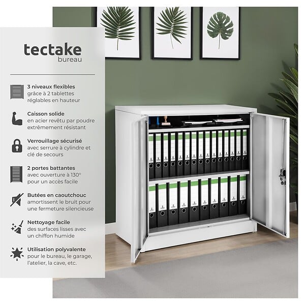 TECTAKE - Armoire métallique de bureau verrouillable avec 2 étagères réglables gris 90x40x90 cm portes battantes renforcées - large
