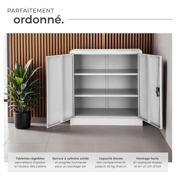 TECTAKE - Armoire métallique de bureau verrouillable avec 2 étagères réglables gris 90x40x90 cm portes battantes renforcées - large