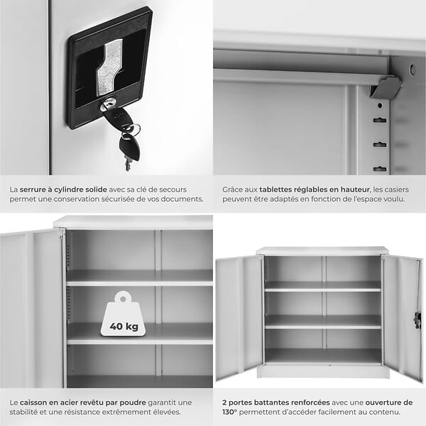TECTAKE - Armoire métallique de bureau verrouillable avec 2 étagères réglables gris 90x40x90 cm portes battantes renforcées - large
