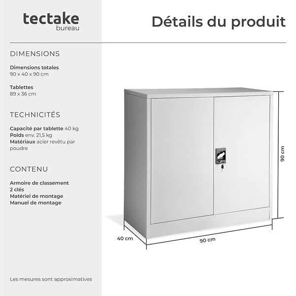 TECTAKE - Armoire métallique de bureau verrouillable avec 2 étagères réglables gris 90x40x90 cm portes battantes renforcées - large