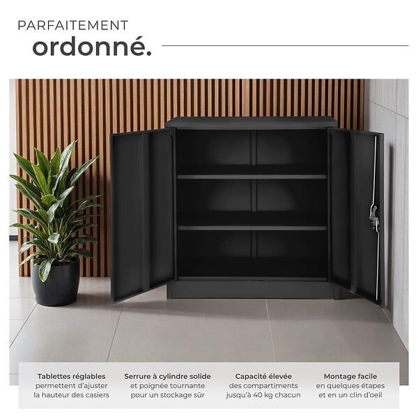 TECTAKE - Armoire métallique à dossiers 3 étagères 90x40x90cm noir - large
