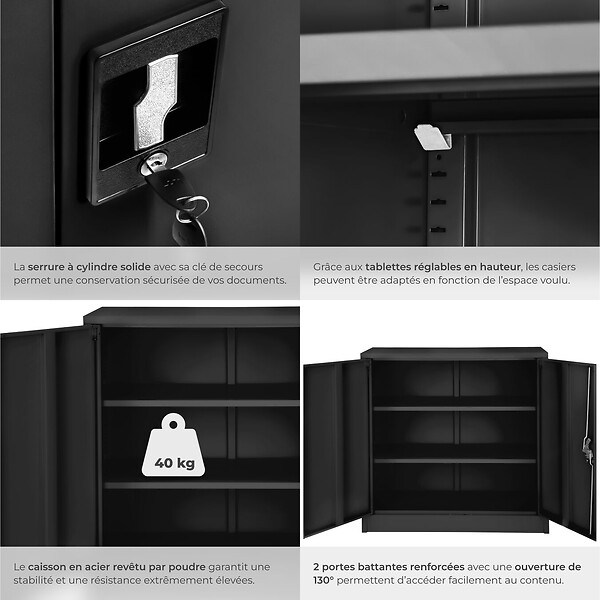 TECTAKE - Armoire métallique à dossiers 3 étagères 90x40x90cm noir - large