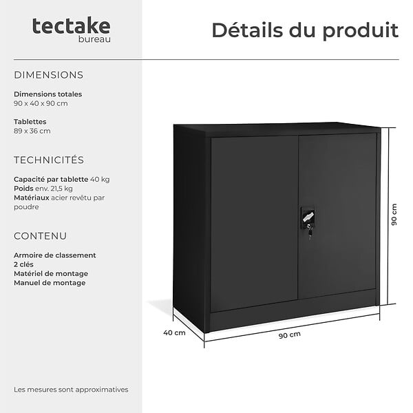 TECTAKE - Armoire métallique à dossiers 3 étagères 90x40x90cm noir - large