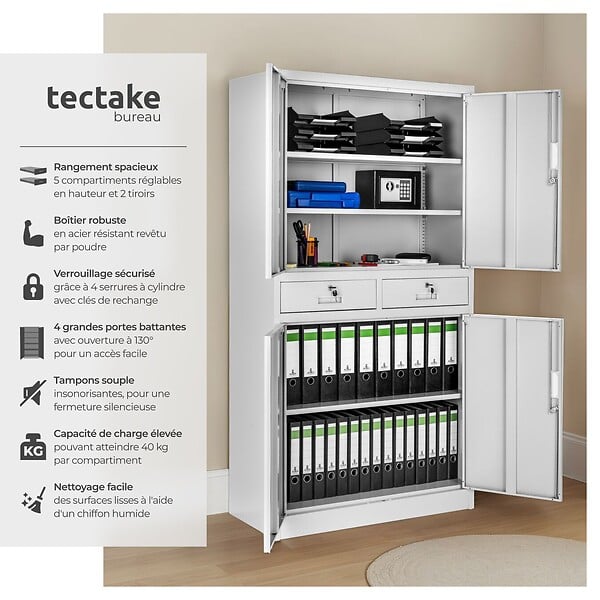 TECTAKE - Armoire de classement en acier revêtu par poudre gris clair avec 2 tiroirs 5 compartiments 40 x 80 x 180 cm - large