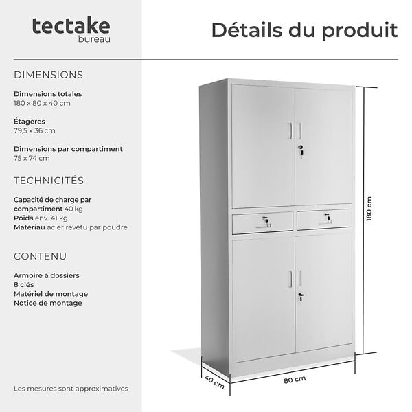 TECTAKE - Armoire de classement en acier revêtu par poudre gris clair avec 2 tiroirs 5 compartiments 40 x 80 x 180 cm - large