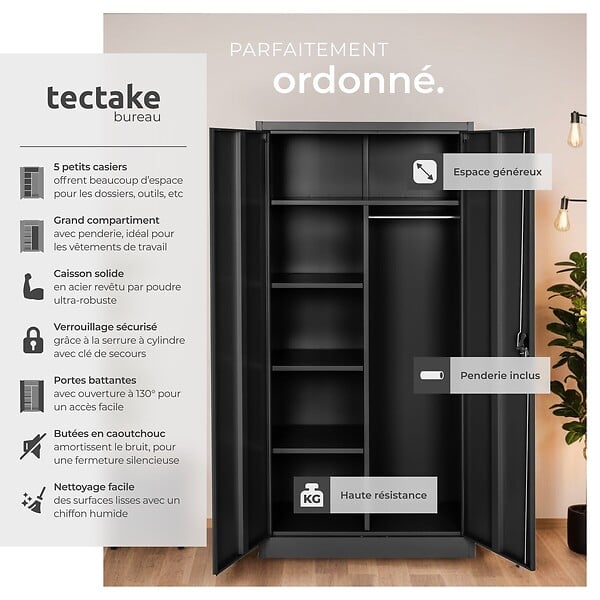 TECTAKE - Vestiaire métallique comprenant 6 casiers et 1 penderie intégrée noir - large