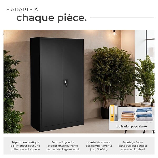 TECTAKE - Vestiaire métallique comprenant 6 casiers et 1 penderie intégrée noir - large