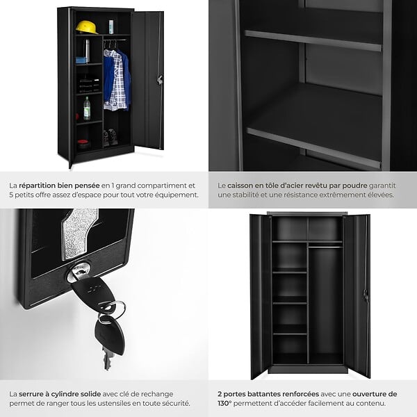 TECTAKE - Vestiaire métallique comprenant 6 casiers et 1 penderie intégrée noir - large