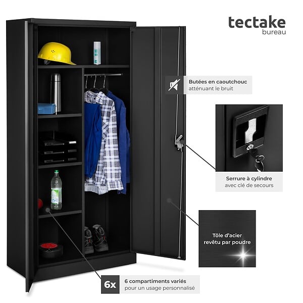 TECTAKE - Vestiaire métallique comprenant 6 casiers et 1 penderie intégrée noir - large