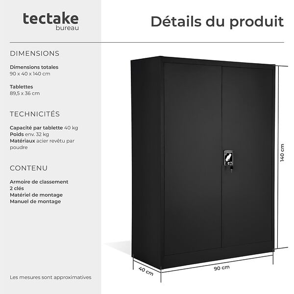 TECTAKE - Armoire métallique à dossiers 4 niveaux 140x90x40cm noir - large