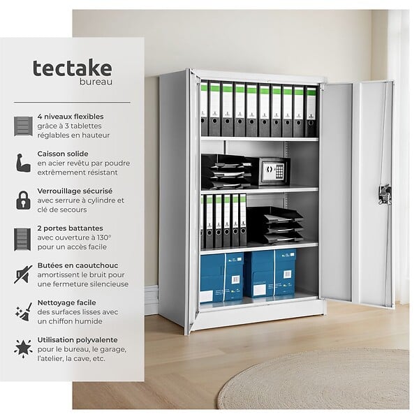 TECTAKE - Armoire métallique verrouillable 4 niveaux gris en acier revêtement poudre 140x90x40 cm - large